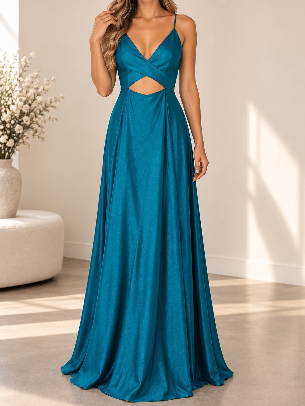 Morgan & Co. Teal Cutout Spaghetti Strap Prom Gown